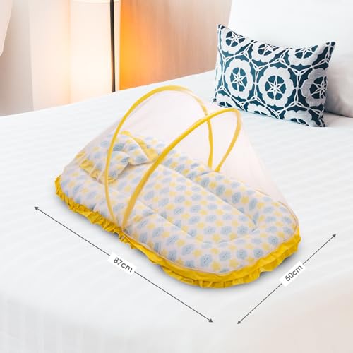 Image of Mee Mee Soft Bed Mattress Set | with Mosquito Net, Neck Pillow & Zip Closure | 100% Cotton Newborn Baby Bedding | with Attractive Clouds & Star Prints | for 0+ Months