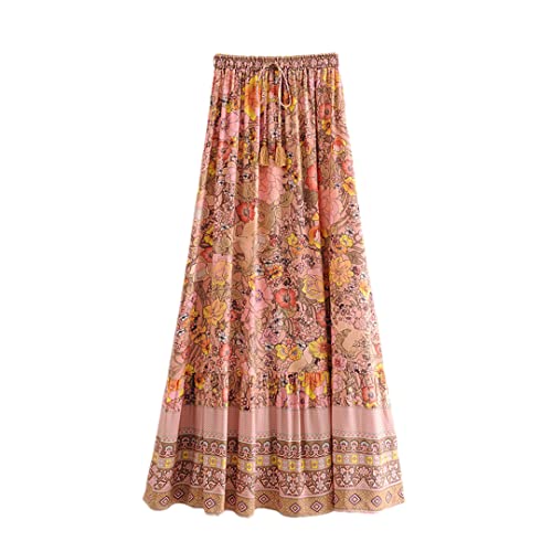 Jupe longue évasée bohème à imprimé floral orange grande taille pour garde-robe femme