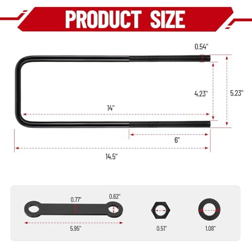 Image of 14 Inch Square Bend U-Bolt Kit for Truck Chassis | Heavy-Duty Steel Suspension Leaf Spring U Bolts with 6 Inch Tie Plates
