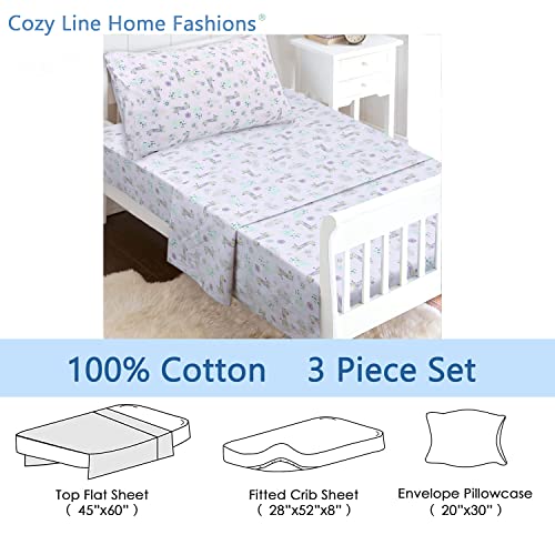 Image of 100 Cotton 3 Piece Toddler Sheet Set, Soft Breathable Crib Bedding Set for Girls Includes a Flat Sheet, a Fitted Sheet, a Pillowcase, Gypsy Floral Animals Giraffe Hippo Elephant Pink