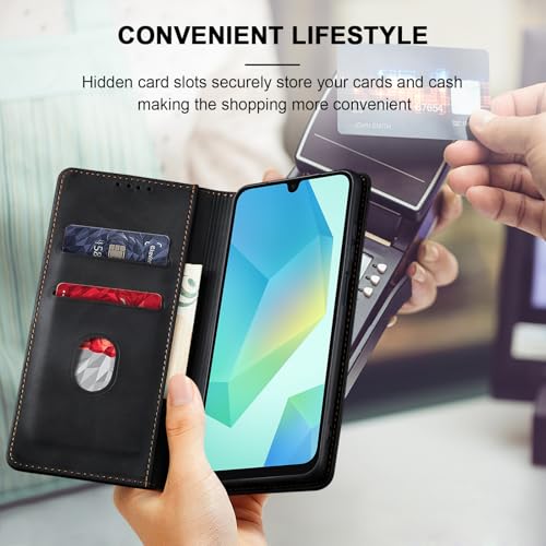 Image of Jasonyu Flip Wallet Case for Samsung Galaxy A16,Leather Magnetic Folio Cover with Card Holder,Kickstand - TPU Shockproof Durable Protective Phone Case,Black