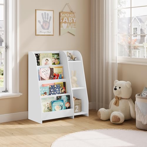 Lestarain Lestarain Bücherregal Kinder, Montessori Kinderregal, Spielzeugregal, mit 4 Regalebenen und 3 Fächern, offenes Standregal Aufbewahrungsregal, für Kinderzimmer Spielzimmer, Weiß, 75x90x34,5 cm - Detailansicht 2 | Kinderzimmermöbel