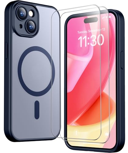 Coque iPhone 15 magnétique bleu avec protection écran verre trempé anti-traces