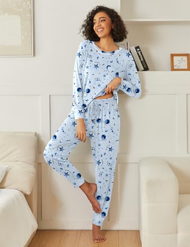 Image of Ekouaer 2 Pack Womens Pajama Sets Long Sleeve Lounge Sets Soft Pj Sleepwear Loungewear