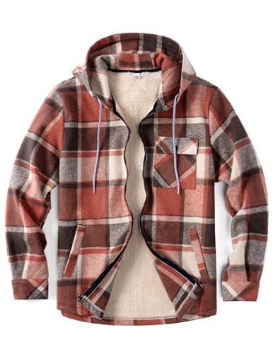 COOFANDY Men's Flannel Fleece Jacket Sherpa Lined Shirt Jacket Plaid Zip Up Hoodie Soft Warm Coat with Hood
