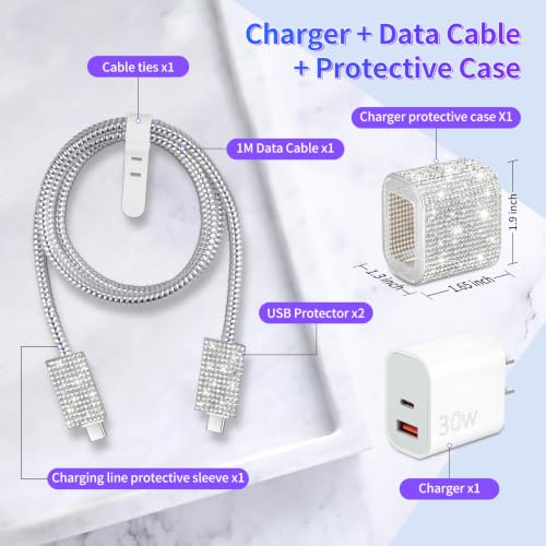 Image of Aolcev for iPhone Charger Fast Charging Bling USB C Wall Charger Block 30W Type C Cord Fast Charging Blocks with USB C Cable for iPhone 17 16 15 Pro Max iPad Galaxy S26 Bling Phone Charging for Women
