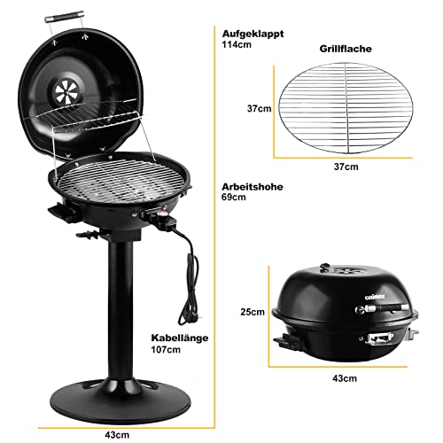 CUSIMAX Elektrogrill Standgrill mit Deckel und Standfuß, Regulierbare Temperatur und Fettauffangschale, 1600W Elektrischer Barbecue-Grill für Außennutzung, Balkon & Garten, Leichte Reinigung