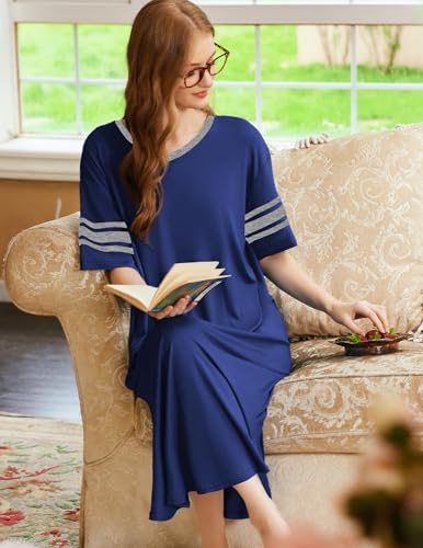 Image of Ekouaer Long Nightgown, Womens V Neck Loungewear Oversized Sleepwear Loose Sleep Dress S-4XL