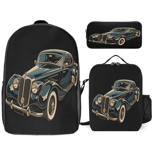 Printed Backpack With Lunch Pack Storage Box Case Classic Vintage Car 3pcs Lightweight Travel Backpack