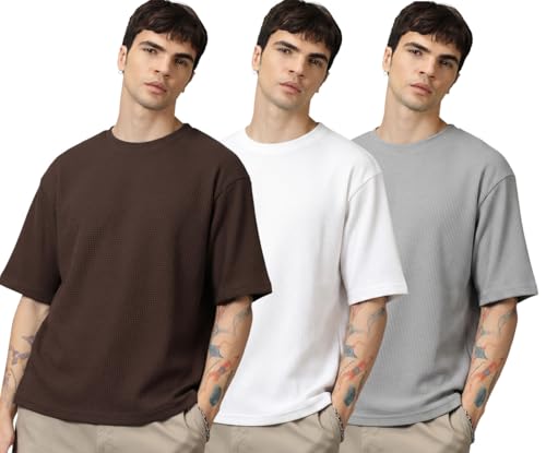 Image of RodZen Oversized Baggy Fit Half Sleeves Round Neck Solid Cotton Blend Combo T-Shirt for Men (Pack of 3)