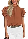 KIRUNDO Blouses for Women Dressy Casual 2026 Spring Summer Ruffle Short Sleeve Mock Neck Work Shirts Tops Fashion Clothing(Brown, X-Large)