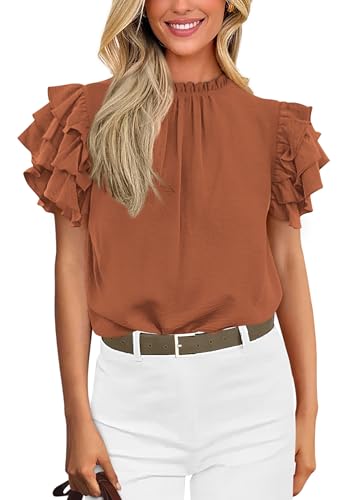 KIRUNDO Blouses for Women Dressy Casual 2026 Spring Summer Ruffle Short Sleeve Mock Neck Work Shirts Tops Fashion Clothing(Brown, X-Large)
