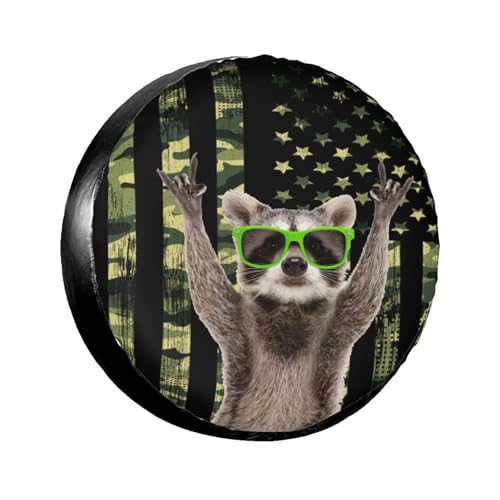 Image of Camo American Raccoon Spare Tire Cover for Rv Trailer Camper Truck SUV - Cute Raccoon Animal Wheel Protectors Cover Waterproof Fabric for Travel Camping Outdoor,Universal Fit,17 inch