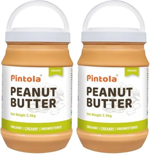 Image of Pintola Organic Unsweetened Peanut Butter Creamy 2.5kg - High Protein 30g & 9g Dietary Fiber, Made with Organic Peanuts, No Added Sugar, No Preservatives (Pack of 2)