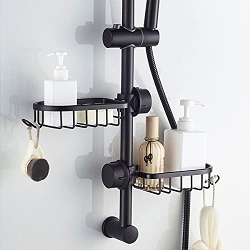 HOOJUEAN Étagère de Douche sans Perçage, Etagère Douche Réglable avec Boucle et Crochet pour Barre Douche avec Diamètre 20-30 mm pour Ranger Shampooing Savon,2 piècesblack Cover