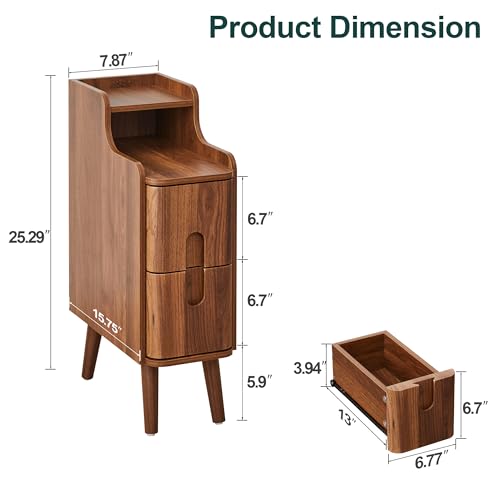 Image of FurSch Narrow Nightstand, Wooden 2 Drawer, Walnut, 1 pc