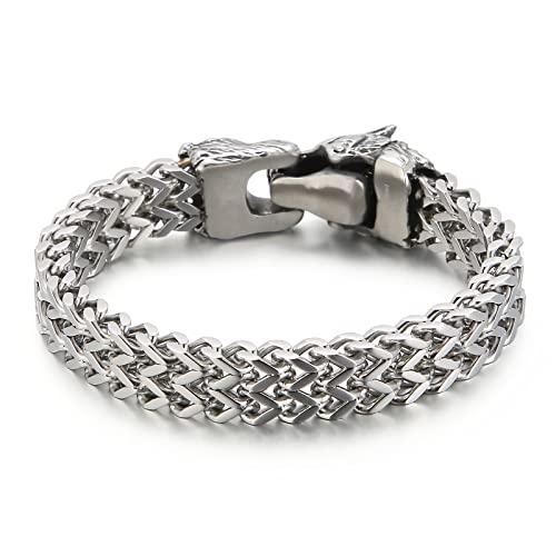 Klapgo 8.6 Inch Wolf Bracelet Cool Viking Bracelet Gift For Men And Boys Silver Men's Bracelet Stainless Steel(Wolf 8.6Inch|) #TOP1