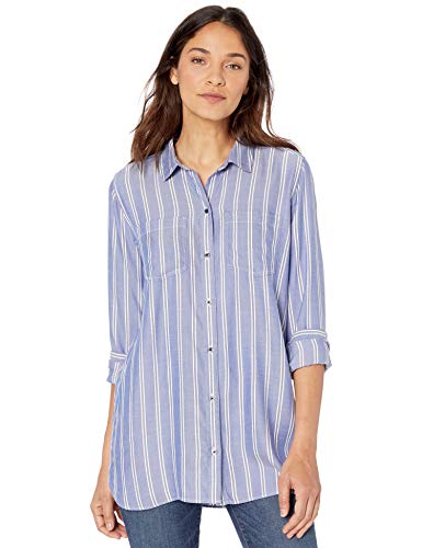 Amazon Brand - Goodthreads Women's Modal Twill Two-Pocket Relaxed Shirt, Blue/White Double Bar Stripe, Large