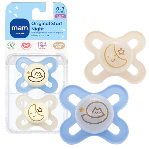 Image of MAM Original Start Baby Pacifiers 0-3 Months, BPA-Free Skin Soft Silicone Nipple, Glows in The Dark, Developed with Medical Experts Specially for Smaller Newborn Mouths, 2 Pk with Sterilizer Case