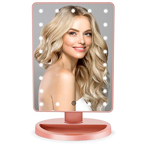FUNTOUCH Espejo Maquillaje con 21 Luz Led, 1X / 10X Aumento Espejo de Maquillaje, Fuente de Alimentación Dual, 180 Rotación, Sensor Táctil Inteligente, Brillo Ajustable Espejo Tocador (Oro Rosa)