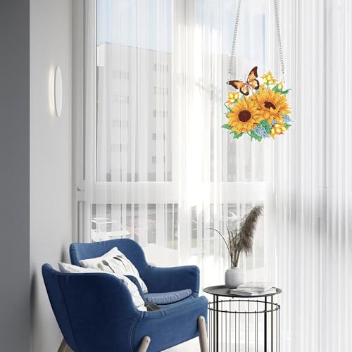 Image of AiYuanzsh Sunflower Butterfly Diamond Painting Hanging Ornament Kit - DIY 5D Crystal Art Suncatcher for Home Wall Window Decoration, Handmade Craft Gift for Adults