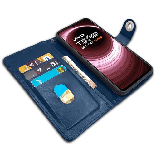Image of Pikkme Vivo T3x 5G / Vivo Y200i 5G Flip Cover Leather Finish | Inside TPU with Card Pockets | Wallet Stand and Shock Proof | Complete Protection Button Flip Case (Blue)