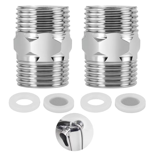 2 Piezas Conector Doble de Acero Inoxidable 1/2' para Manguera de Ducha, 2 Paquetes Adaptador Macho-Macho Hexagonal, Unión de Extensión con Juntas y Burbujeadores, Compatible con Manguera Estándar