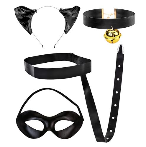Black Cat Costume Accessories Set Faux Eye Mask Choker with Bell Ear Headband Tail Halloween Cosplay Party Dress Up Kit (Black)