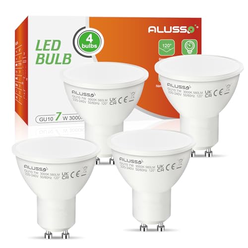 ALUSSO 7W Bombilla LED GU10, Blanco Cálido 3000K 560LM, 120 ° ángulo de haz, No Regulable, Paquete de 4