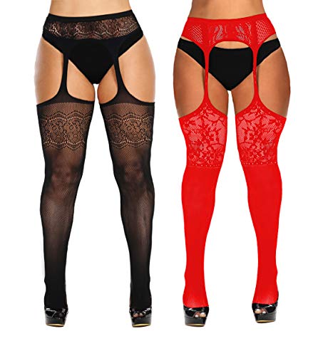 CURRMIEGO Womens Fishnet Suspender Tights plus size patterned pantyhose Stockings 2-Pairs (Black S005, Plus)