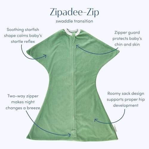 Image of SleepingBaby Zipadee-Zip Fleece Transition Swaddle - Arms-Out Wearable Blanket for Baby Sleep, Soft Breathable Fleece 0.8 TOG - Basil, Small (4-8 Month)