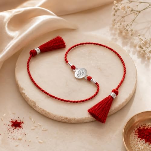 Image of MAIRA 925 Sterling Silver Premium Designer Bracelet Rakhi for Brother | Handmade Raksha Bandhan Sacred Thread with Silver-Tone Geometric Charm & Adjustable Red Braided Cord | Traditional Festival Rakhi Gift (FLOWER)