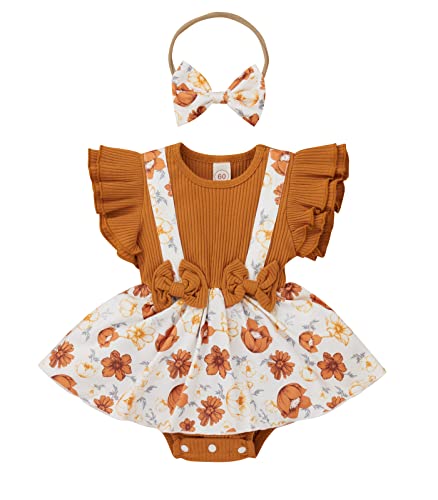 Image of Infant Baby Girls Summer Romper Ruffled Fly Sleeve Floral Printed Patchwork Bodysuit Bow Headband (Coffee, 0-3 Months)