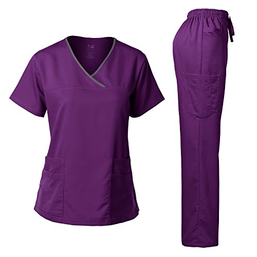 Dagacci Medical Uniform Women's Scrub Set Stretch Top and Pants Egg Plant M