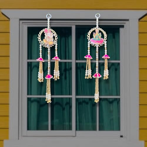 Image of Rajasthan Kraft Yellow Long Hanging Decoration with Wheel Design & Pom Pom with Tassels | Pack of 2 (55 Inch)|Traditional Door & Wall Decor for Diwali, Navratri, Weddings(RK-34805-2).