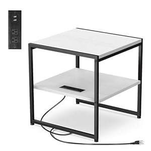 Tatub 20″ End Table with Charging Station, Industrial Square Side Table with USB Ports & Outlets, Versatile 2-Tier Small Nightstand for Bedroom Living Room, White