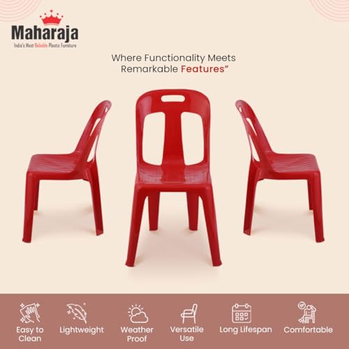 Image of MAHARAJA 100% Virgin Plastic Chair | Stackable | Armless | for Home, Garden, Restaurants and Office (Red, Pack of 4)
