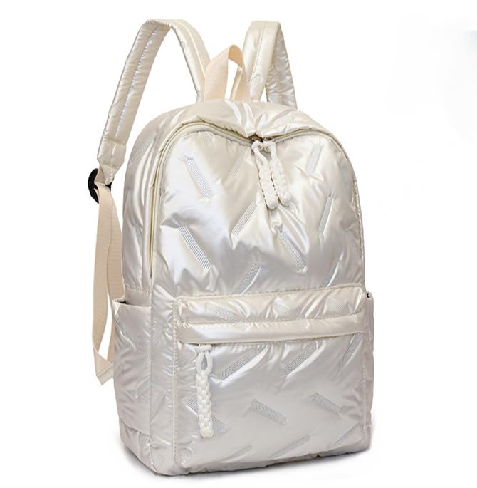 Cute Puffer Backpack for Women, Trendy Puffy Shoulder Bag Fashion Quilted Padding Laptop Bookbag Travel Y2k Backpack (White)3