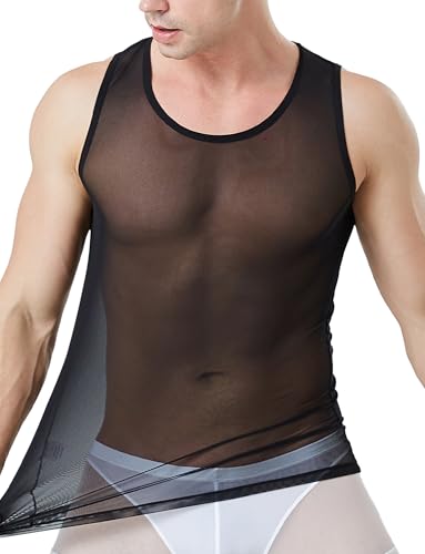 Panegy Men Sheer Mesh Tank Top Sleeveelss Fitted Gym Muscle Undershirt Round Neck Pullover Top Tees