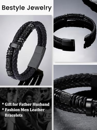 Bestyle Bracelet Cuir Homme Viking Bracelet Bijoux Acier Inoxydable 21cm – vue 8
