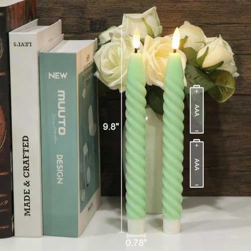 Image of Green Flameless Taper Candles Flickering with Remote Timer