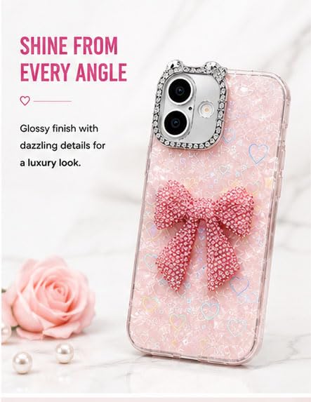 Image of mobistyle Compatible with iPhone 16 | Rhinestone Bow Elegant Heart Shell Pattern and Camera Lens Protection Back Cover Case for Women Girls iPhone 16 (Pink)