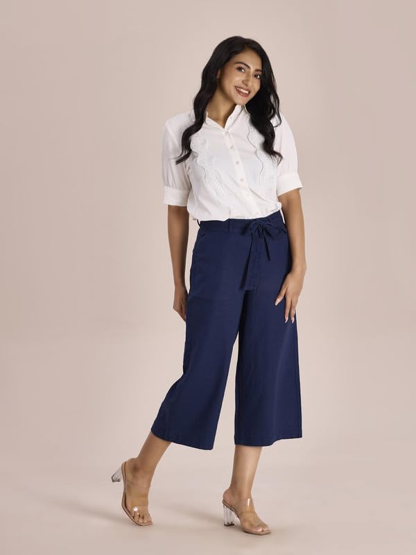 Image of GO COLORS Solid Linen Culottes for Women | High Rise, Side Pockets, Front tie-up