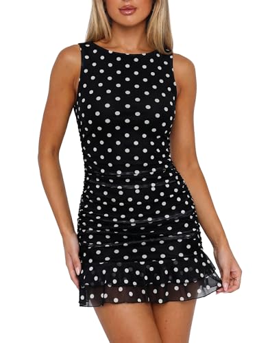 Image of HOCILLE Women's Sexy Bodycon Boat Neck Mini Dresses Sleeveless Ruched Ruffle Hem Club Party Short Dress