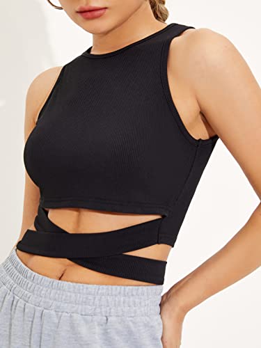 Image of Shasmi Women's & Girl's Black and Orange Solid Ribbed Round Neck Collarless Sleeveless Slim Fit Lace Up Tank Tops (Top 45)