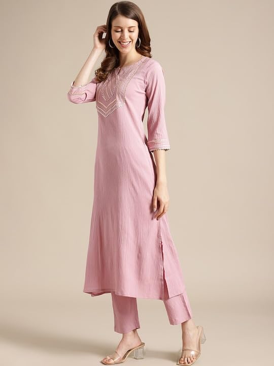 Varanga Womens Mauve Straight Kurta With Gota Lace, Round Neckline, Side Slits, Straight Hemline - Casual Wear