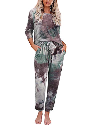 LOV ANNY Women's 2 Piece Tie Dye Sweatsuits Sets Long sleeve Crewneck Pullover Tops and Drawstring Sweatpants Casual Outfits Tracksuits Army Green M