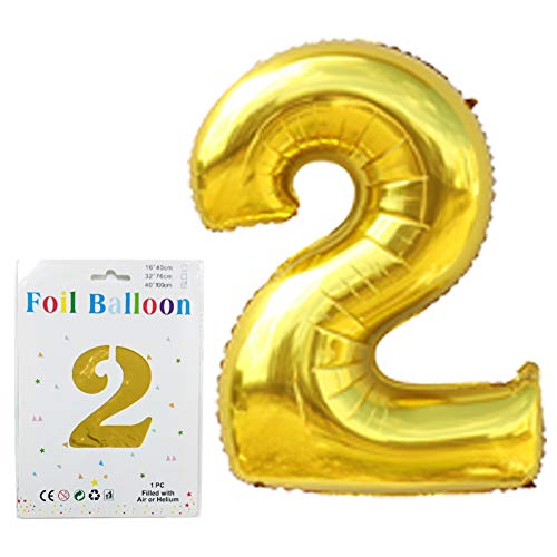 40 inch Gold Number Balloons, Birthday Number Balloon Jumbo Huge Big Helium Foil Mylar Digital Balloons for Anniversary Bday Engagement Wedding Bridal Shower of SharkBliss (Number 2 Balloon)