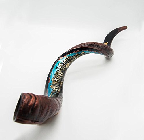 Shofar Jemenite Extra Large 40-42 in geschilderd met stad Jeruzalem