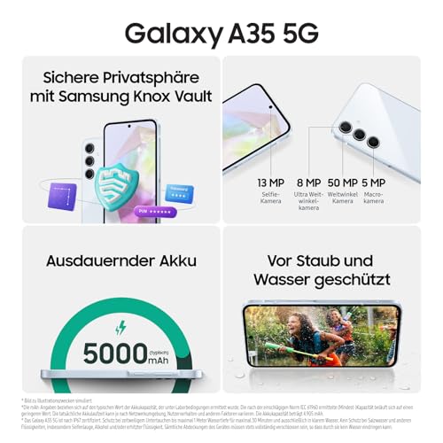 Samsung Galaxy A35 5G Enterprise Edition, Android Smarthone, Business-Handy mit 6 GB RAM / 128 GB, 50-MP-Kamera, Knox, Wasser- und staubeständig gemäß IP67, Schwarz, 3 Jahre Herstellergarantie